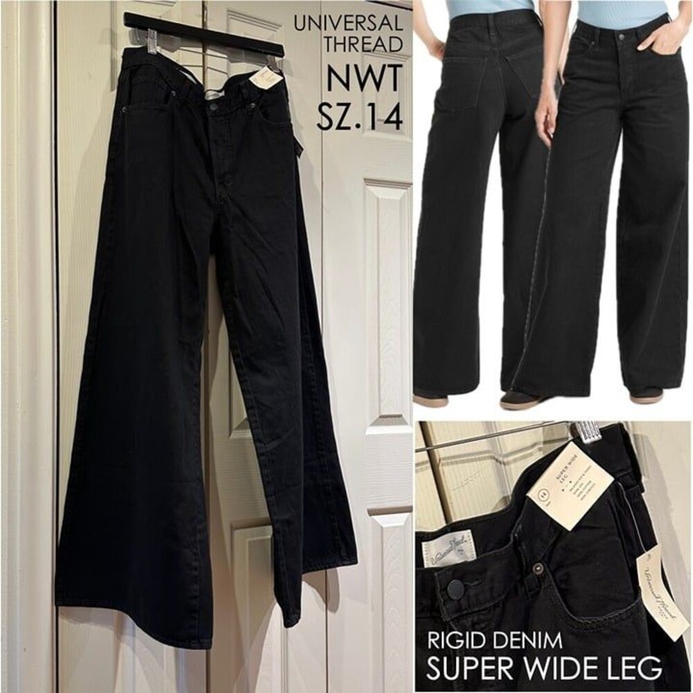 NWT Universal Thread Black Mid Rise Super Wide Leg Jeans Rigid Nonstretch 14